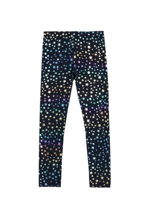 Leggings in un tessuto elasticizzato, con uno sfondo nero e motivi di stelle colorate di diverse dimensioni. Vita elastica per il massimo comfort.
