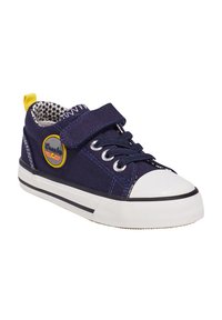 Baskets en toile navy avec un embout en caoutchouc blanc, un accent jaune et une sangle en velcro. Dispose d'une doublure texturée et de détails en bandes contrastées.