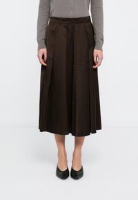Gonna midi marrone in tessuto liscio, con pieghe a coltello, vita alta e silhouette dritta. Abbinata a tacchi neri.