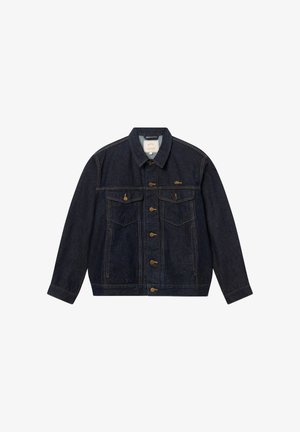 Tummansininen farkkutakki, jossa napillinen etuosa, kaksi napillista rintataskua, sivutaskut ja vasemmassa rinnassa kultainen "Oblique"-logo.