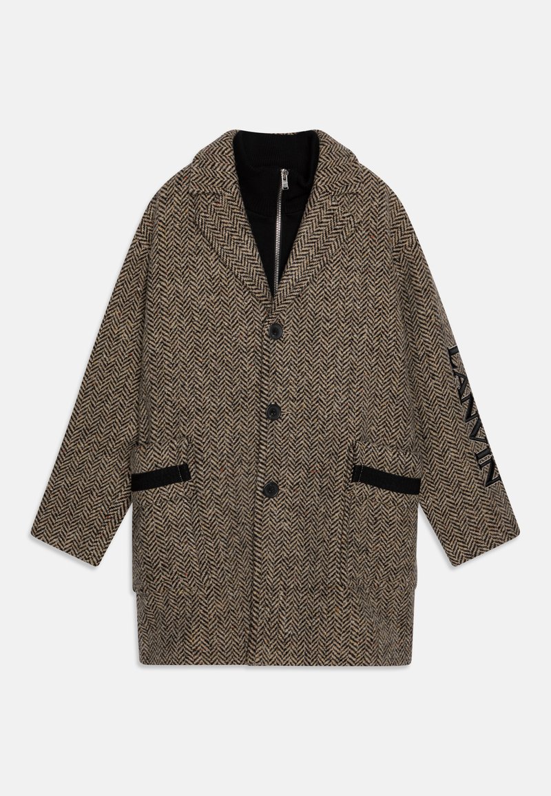 Manteau en motif pied-de-poule marron et noir. Doté de grands revers, d'une fermeture éclair noire, de deux poches avant et d'un détail de logo sur la manche.