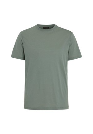 Schlichtes T-Shirt mit kurzen Ärmeln und Rundhalsausschnitt in gedämpftem Grün mit regulärer Passform, dargestellt vor weißem Hintergrund.