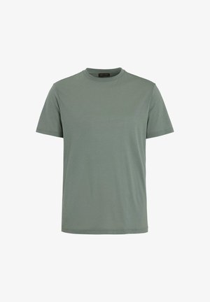 Prosty t-shirt z krótkim rękawem i okrągłym dekoltem w stonowanym zielonym kolorze o regularnym kroju, prezentowany na białym tle.