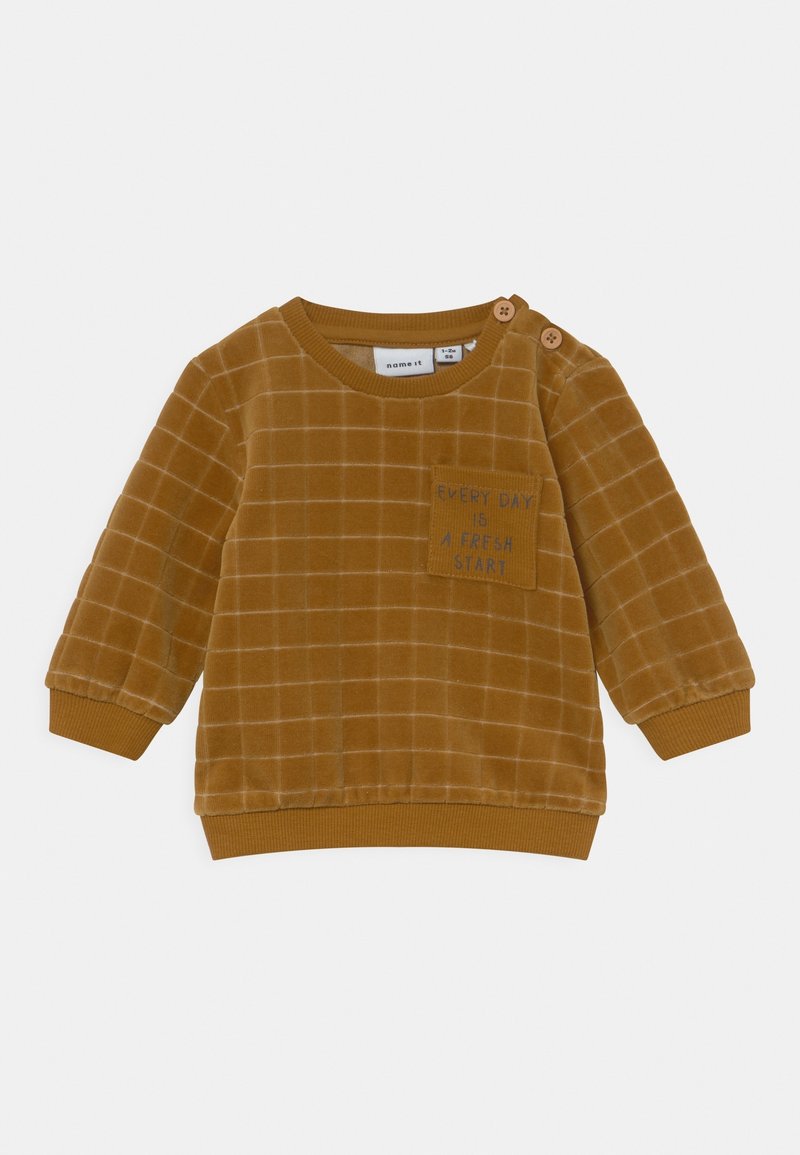 Sweat-shirt à carreaux marron pour tout-petit avec poche avant portant l'inscription "Chaque jour est un nouveau départ" et deux boutons sur l'épaule gauche.