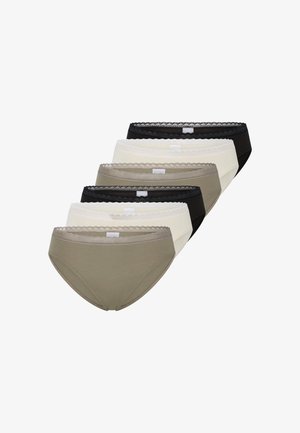 Lot de cinq slips pour femmes en noir, blanc, olive et deux nuances de beige. Présentent une bordure en dentelle le long de la taille et une texture douce en coton.