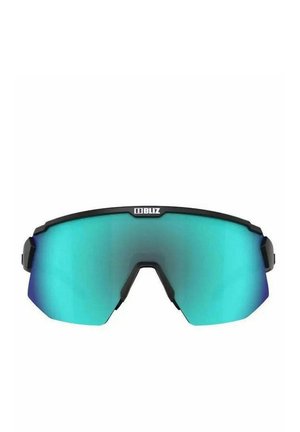 Lunettes de soleil avec une monture noire et de grandes lentilles miroitées qui passent du bleu au vert, présentant un design angulaire et des accents latéraux.