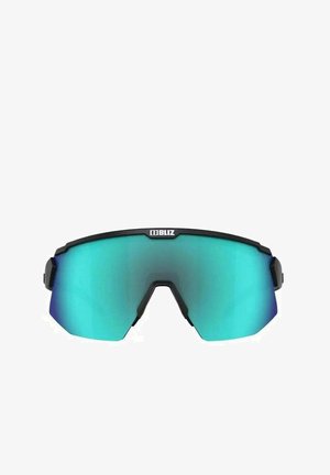 Lunettes de soleil avec une monture noire et de grandes lentilles miroitées qui passent du bleu au vert, présentant un design angulaire et des accents latéraux.