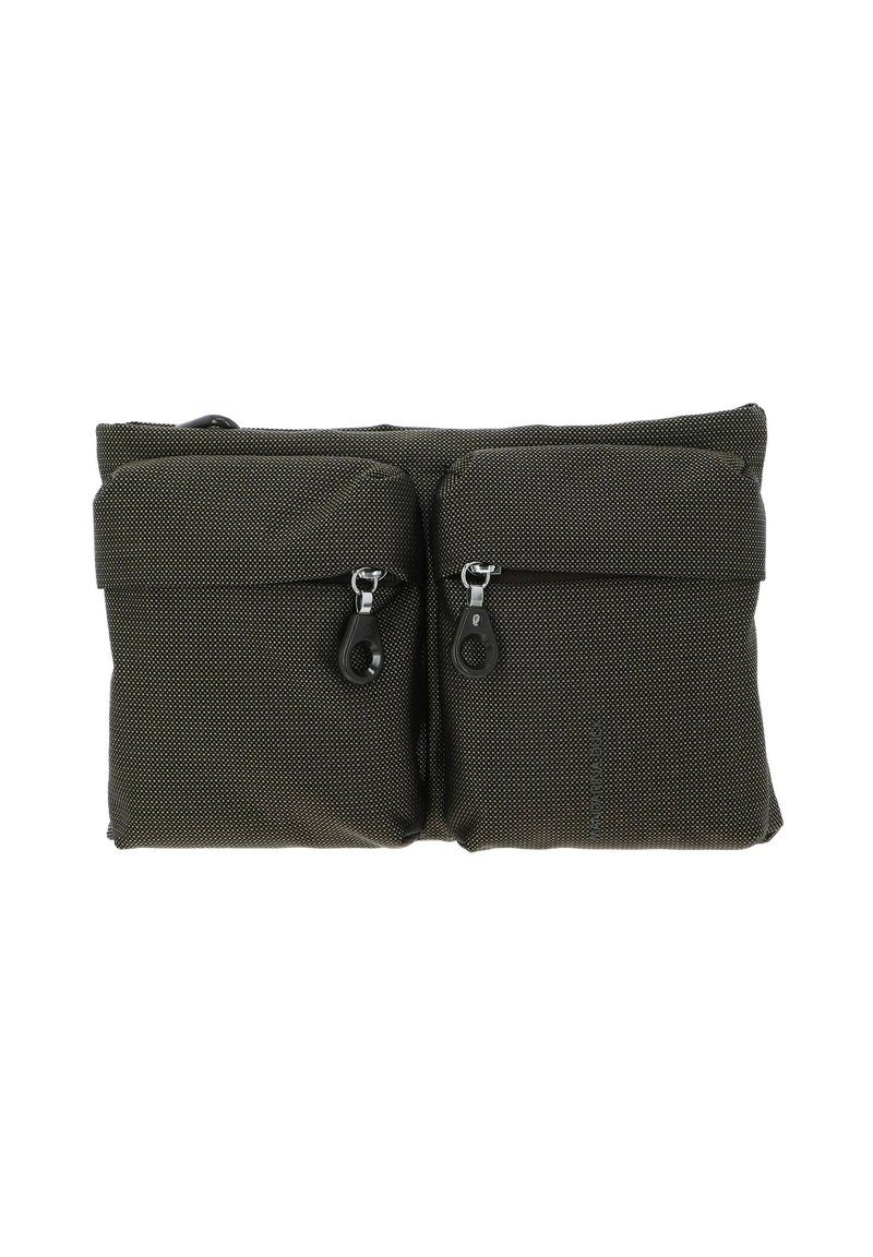 Sac noir texturé avec deux poches avant zippées, design matelassé et une poignée supérieure. Tissu durable avec un détail subtil de motif sur toute la surface.