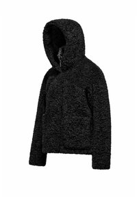 Zwarte fleece jas met een capuchon, gemaakt van een zachte, gestructureerde stof, met een rits aan de voorkant en twee zijzakken.