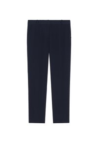 Marinblå skräddarsydda byxor med en slät yta, två sidofickor och rak passform. Har bälteshällor och inga synliga mönster.