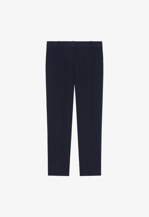 Marineblaue maßgeschneiderte Hose mit glatter Textur, zwei Seitentaschen und geradem Schnitt. Verfügt über Gürtelschlaufen und keine sichtbaren Muster.