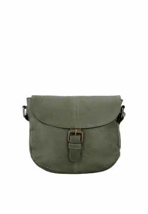 Olivgrüne Leder-Umhängetasche mit Klappe und antikem Messingschnallenverschluss an verstellbarem Schulterriemen.