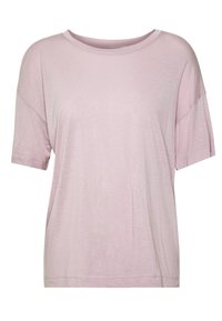 Lichtroze t-shirt met korte mouwen, gemaakt van zacht materiaal, met een ontspannen pasvorm en een brede ronde halslijn met minimale zichtbare naden.