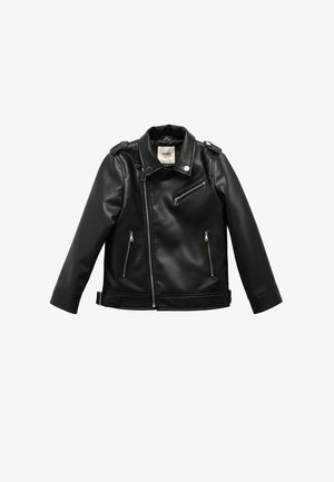 Czarna kurtka motocyklowa z ekologicznej skóry z asymetrycznym zapięciem na zamek, epoletami i trzema kieszeniami na zamek. Charakteryzuje się gładką fakturą i kołnierzem typu lapel.