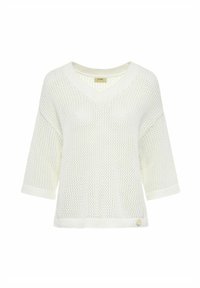 Lekki, biały sweter dziany z dekoltem w serek, rękawami 3/4 i prążkowanym wykończeniem. Charakteryzuje się luźnym, przewiewnym splotem oraz małym logo umieszczonym na dole.
