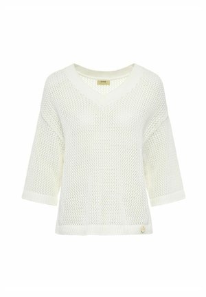 Lekki, biały sweter dziany z dekoltem w serek, rękawami 3/4 i prążkowanym wykończeniem. Charakteryzuje się luźnym, przewiewnym splotem oraz małym logo umieszczonym na dole.