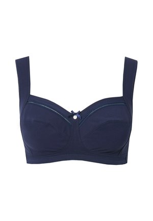 Marineblå bh med brede stropper, underwire støtte, en glat stofstruktur og en dekorativ sløjfe i midten med subtile stikninger.