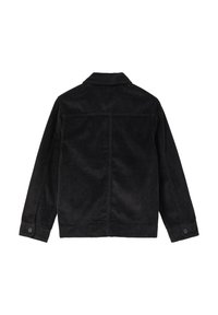 Schwarze Cordjacke mit Kragen, langen Ärmeln und geknöpften Manschetten. Verfügt über vertikale Rippung und einen geraden Schnitt. Nur Rückansicht.