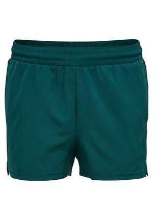 Teal atletiske shorts med elastisk talje, glat overflade og slidser i siden for nem bevægelse. Ingen synlige mønstre eller hardware.