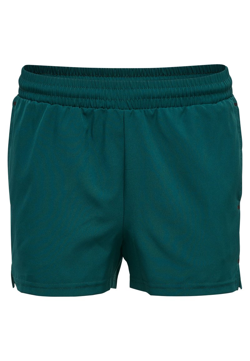 Teal sportieve shorts met een elastische tailleband, een gladde textuur en zijsplitten voor gemakkelijke beweging. Geen zichtbare patronen of hardware.