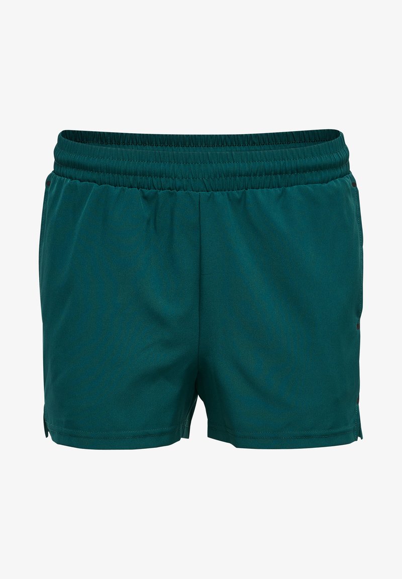 Teal sportieve shorts met een elastische tailleband, een gladde textuur en zijsplitten voor gemakkelijke beweging. Geen zichtbare patronen of hardware.