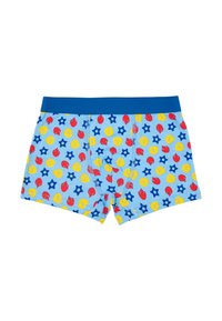 Slip blu in cotone con motivi colorati di fiamme rosse, cerchi gialli e stelle blu. Vita elastica per il massimo comfort.