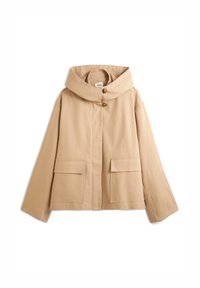 Beige Kapuzenjacke mit Knopfverschluss, zwei Fronttaschen und weiten Ärmeln, aus einem einfarbigen, texturierten Stoff gefertigt.
