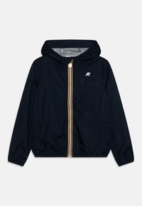 Veste à capuche bleu marine en tissu léger, dotée d'une fermeture éclair complète avec une rayure multicolore. Les poignets et l'ourlet élastiques assurent un ajustement confortable.