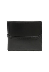 Portafoglio bifold in pelle nera con cuciture a vista e un sottile logo impresso sul bordo inferiore anteriore.