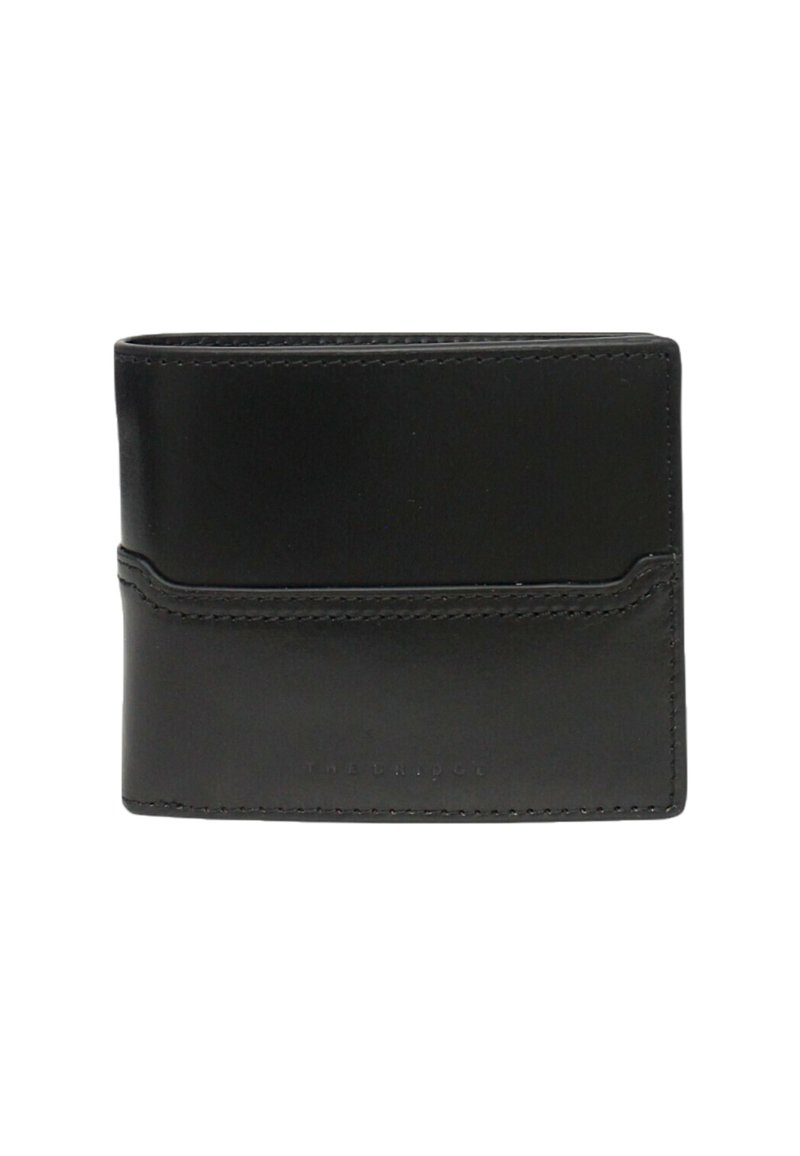 Portafoglio bifold in pelle nera con cuciture a vista e un sottile logo impresso sul bordo inferiore anteriore.