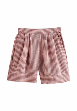 Rood-witte gestreepte shorts met plooien, elastische tailleband en zijzakken; gemaakt van lichte stof, ontworpen voor casual gebruik.
