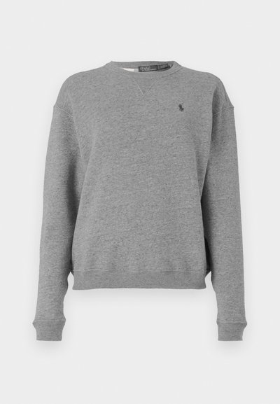 Sweatshirt cinza de manga longa com gola redonda, com punhos e barra canelados, apresentando um pequeno logótipo da Polo Ralph Lauren no peito.