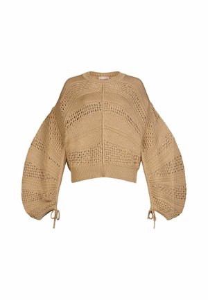 Beiger, gestrickter, bauchfreier Pullover mit filigranen Lochmustern, Ballonärmeln, Rundhalsausschnitt und Kordelzügen an den Bündchen.