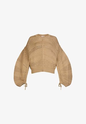 Pull court beige en maille avec motifs ajourés complexes, manches ballon, col rond et cordons à nouer aux poignets.