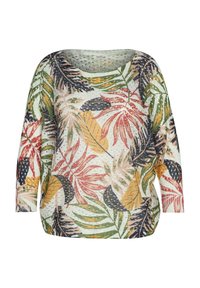 Suéter de manga larga con un patrón multicolor de hojas tropicales sobre un fondo claro. Textura de punto con un corte relajado y escote amplio.