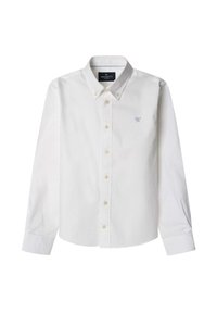 Camicia bianca con bottoni, maniche lunghe, colletto classico e logo ricamato blu. Presenta bottoni chiari e una texture liscia.