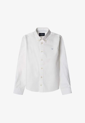 Camicia bianca con bottoni, maniche lunghe, colletto classico e logo ricamato blu. Presenta bottoni chiari e una texture liscia.
