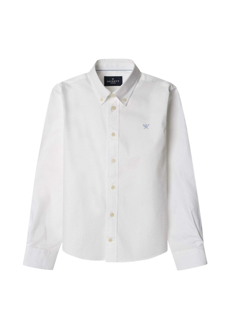 Camicia bianca con bottoni, maniche lunghe, colletto classico e logo ricamato blu. Presenta bottoni chiari e una texture liscia.
