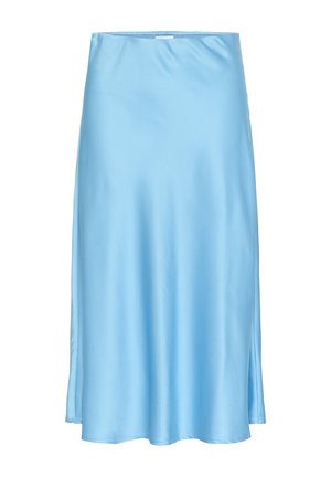 Light blue satin skirt with a flowing design, featuring side slits and a smooth texture, cut to knee length. No visible hardware or patterns.