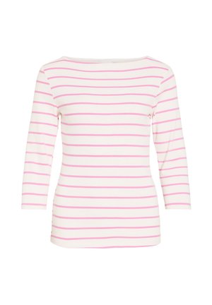Biała koszula z długim rękawem, różowe poziome paski, dekolt typu łódka i dopasowany fason.