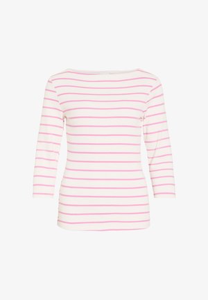 White long-sleeve shirt with pink horizontal stripes, boat neckline, and fitted silhouette.
