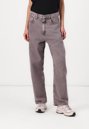 Gray high-waisted jeans with a relaxed fit, featuring a button and zipper closure, five pockets, and a slightly faded wash.