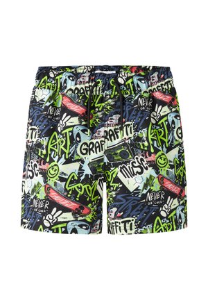 Kopalke hlače z večbarvnim grafitnim potiskom v modri, zeleni in rdeči barvi, z elastičnim pasom in zavezovanjem z vrvico.