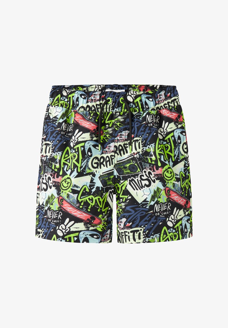 Μαγιό σορτς με πολύχρωμο γκράφιτι σε μπλε, πράσινο και κόκκινο, με ελαστική μέση και κορδόνι για κλείσιμο.