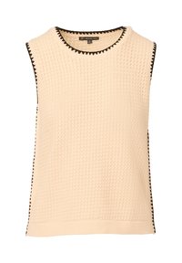 Helles beige ärmelloses Oberteil mit einem strukturierten Strickmuster, braunem gewellten Saum entlang des Kragens und der Armlöcher sowie einem geraden Saum.