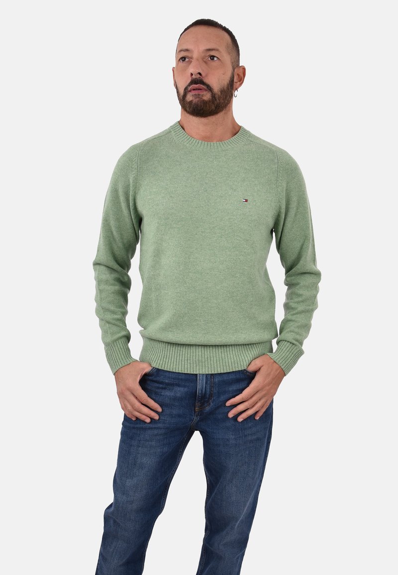 Maglione verde a maglia con collo rotondo e polsini a coste; presenta un dettaglio del logo; abbinato a jeans blu scuro. Texture liscia.