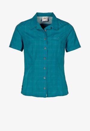 Lyhythihainen tummanvihreä ruutupaitapaita, jossa on leveä kaulus ja kuusi etunappia kuvioiduilla yksityiskohdilla.