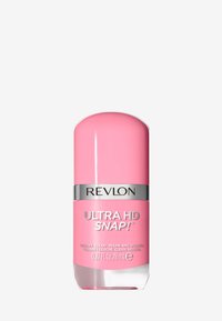 Revlon Ultra HD Snap! nagellak in een ronde, roze verpakking met een zilveren band. Doorzichtige basis toont 0,27 fl. oz. Vegan formule.
