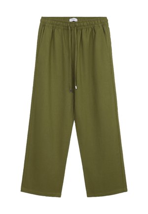 Olivegrüne weit geschnittene Hose aus weichem Stoff mit einem elastischen Bund und Kordelzug sowie zwei Seitentaschen.