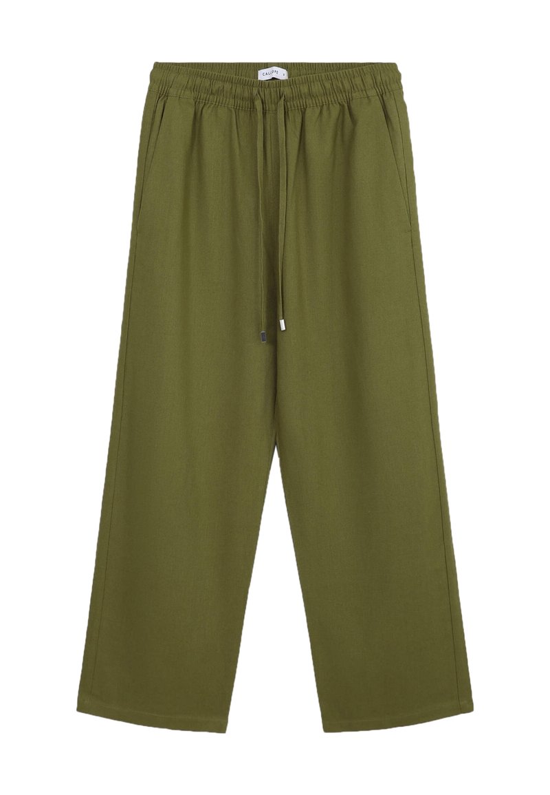 Olivegrüne weit geschnittene Hose aus weichem Stoff mit einem elastischen Bund und Kordelzug sowie zwei Seitentaschen.